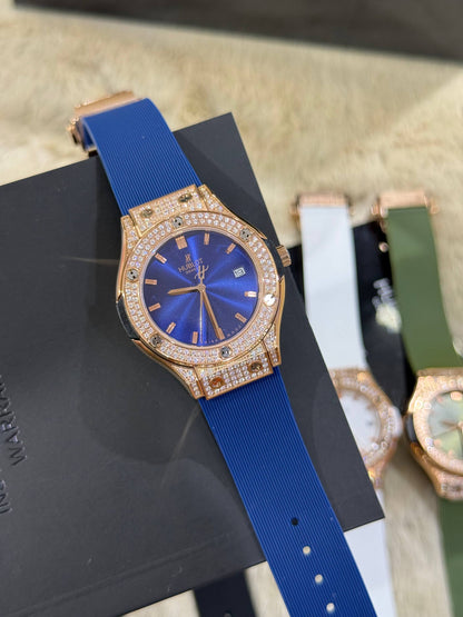Montre Hblt Bleu & Or Rose Sertie de Cristaux