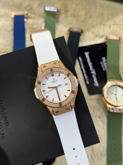 Montre Hblt Bleu & Or Rose Sertie de Cristaux