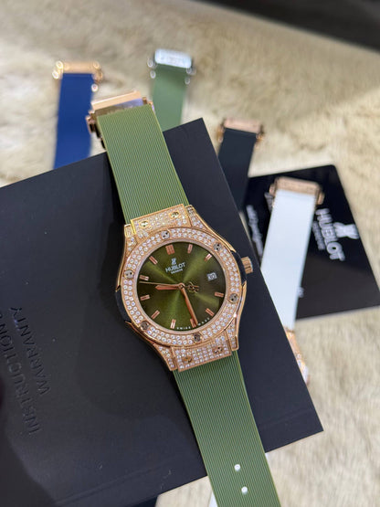 Montre Hblt Bleu & Or Rose Sertie de Cristaux