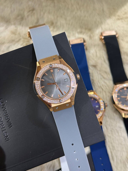 Montre Hblt Bleu & Or Rose Sertie de Cristaux