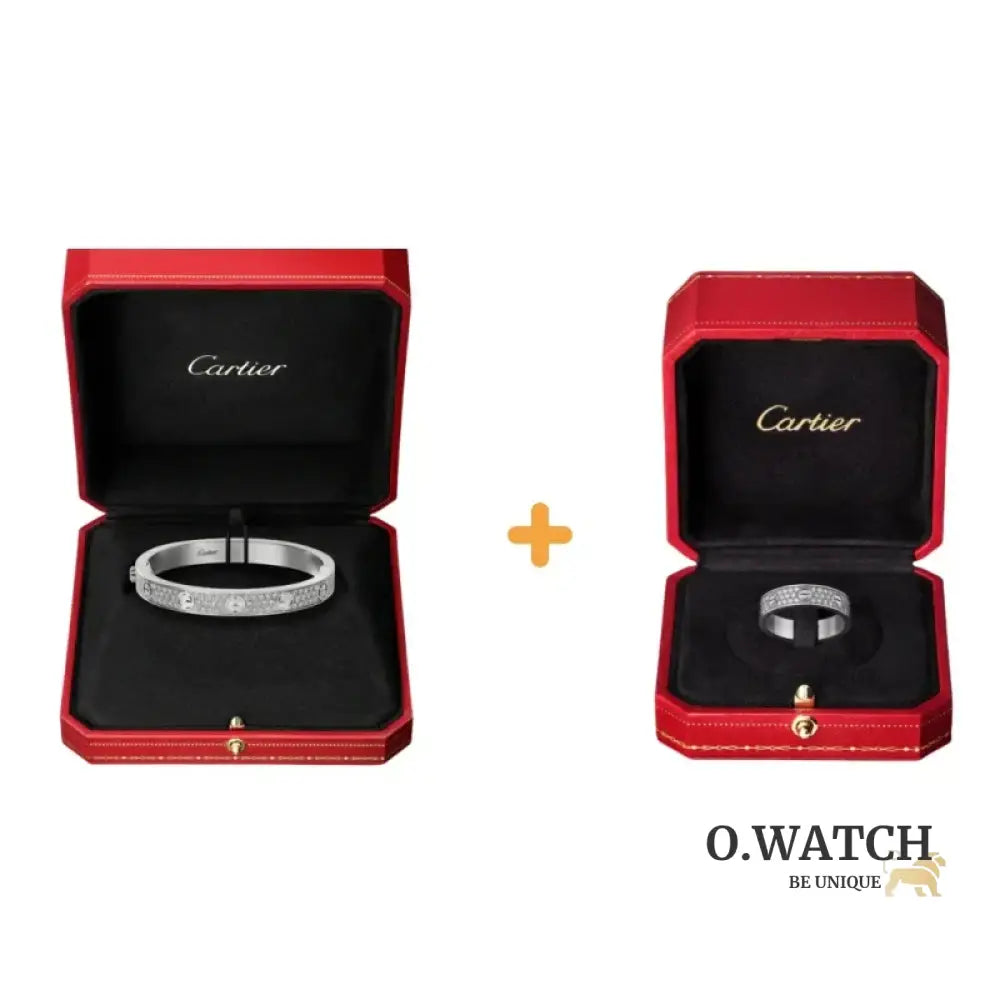 Ensemble deux pièces de la collection LOVE : un bracelet pavé classique et une bague pavée. Bracelet Cartier