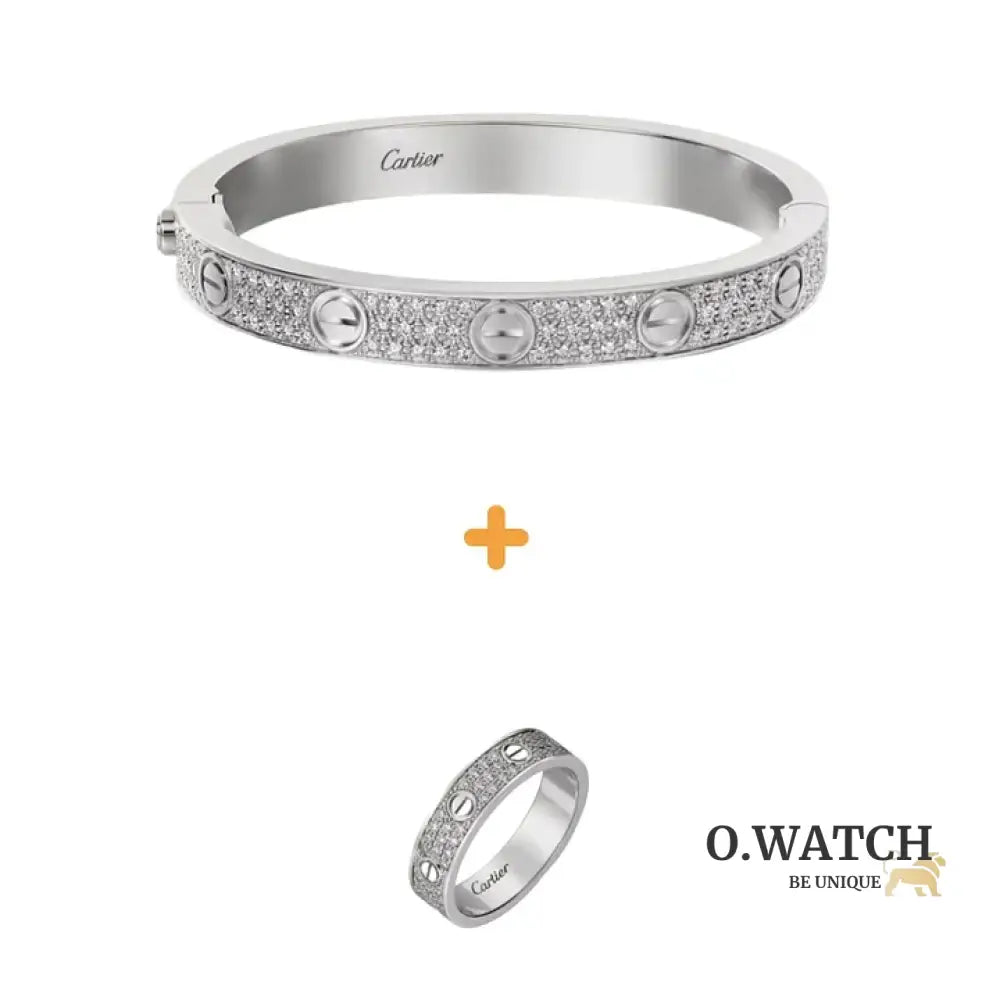 Ensemble deux pièces de la collection LOVE : un bracelet pavé classique et une bague pavée. Bracelet Cartier